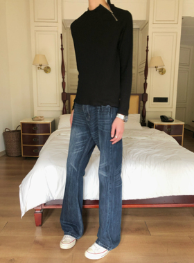 BUFANSTUDIO美式复古闪电纹重猫须水洗微喇牛仔裤灰蓝修身马蹄裤