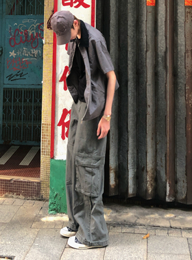 BUFANSTUDIO水洗直筒多口袋阔腿工装裤日系帆布休闲裤宽松男女夏
