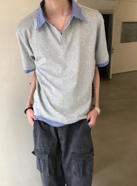 BUFANSTUDIO格纹拼接假两件衬衫领短袖polo衫夏美式复古休闲干净