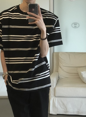BUFANSTUDIO垫肩条纹黑白短袖纯棉T恤情侣韩男女休闲半袖落肩宽松