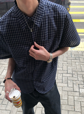 BUFANSTUDIO日系复古格子短袖衬衫夏季休闲开衫上衣cleanfit干净