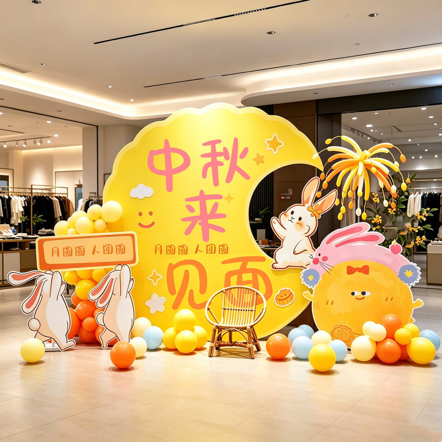 中秋场景布置氛围仪式游园会店铺商场装饰活动迎宾牌拍照框打卡墙