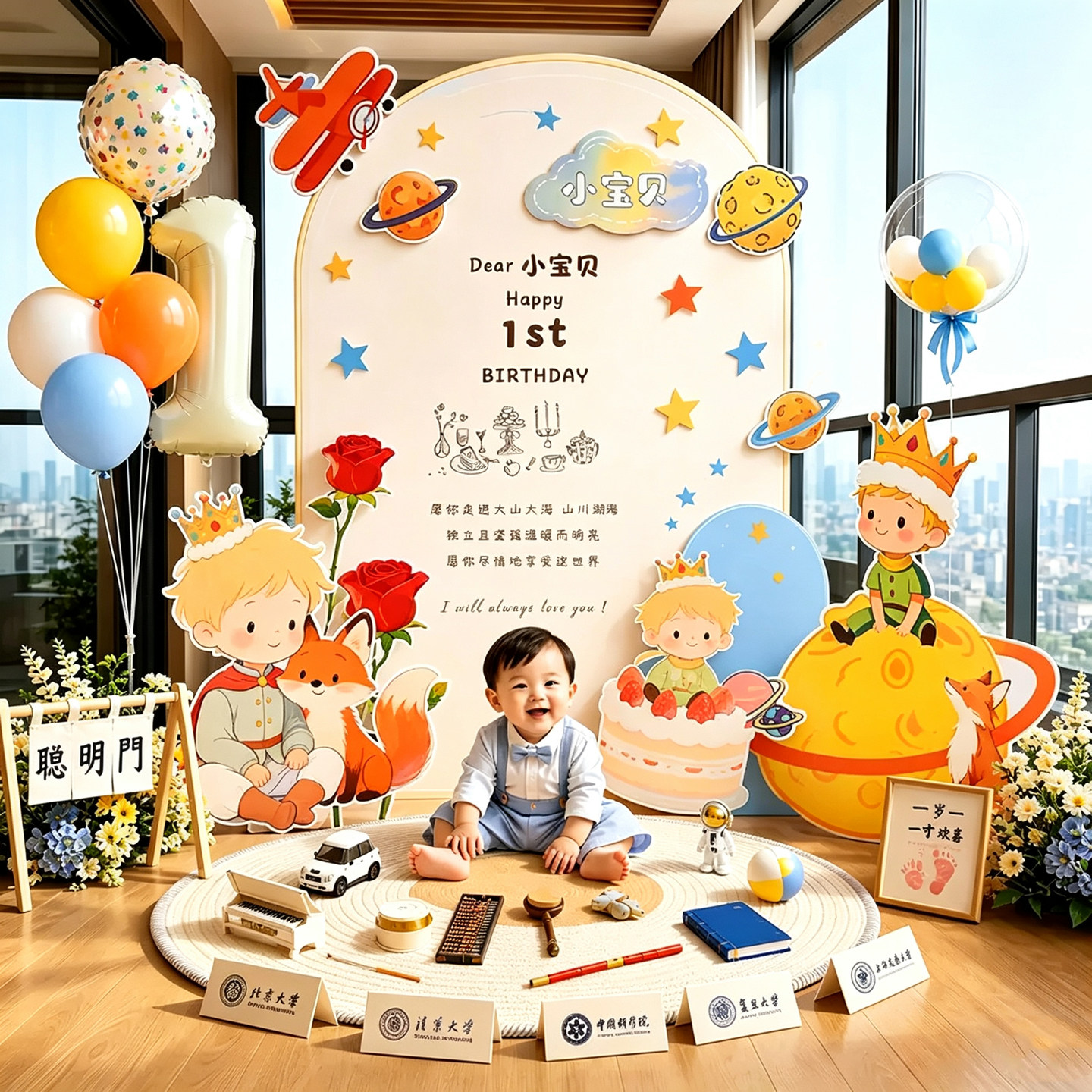 小王子主题宝宝百日宴一周岁生日满月气球场景布置背景墙男孩KT板