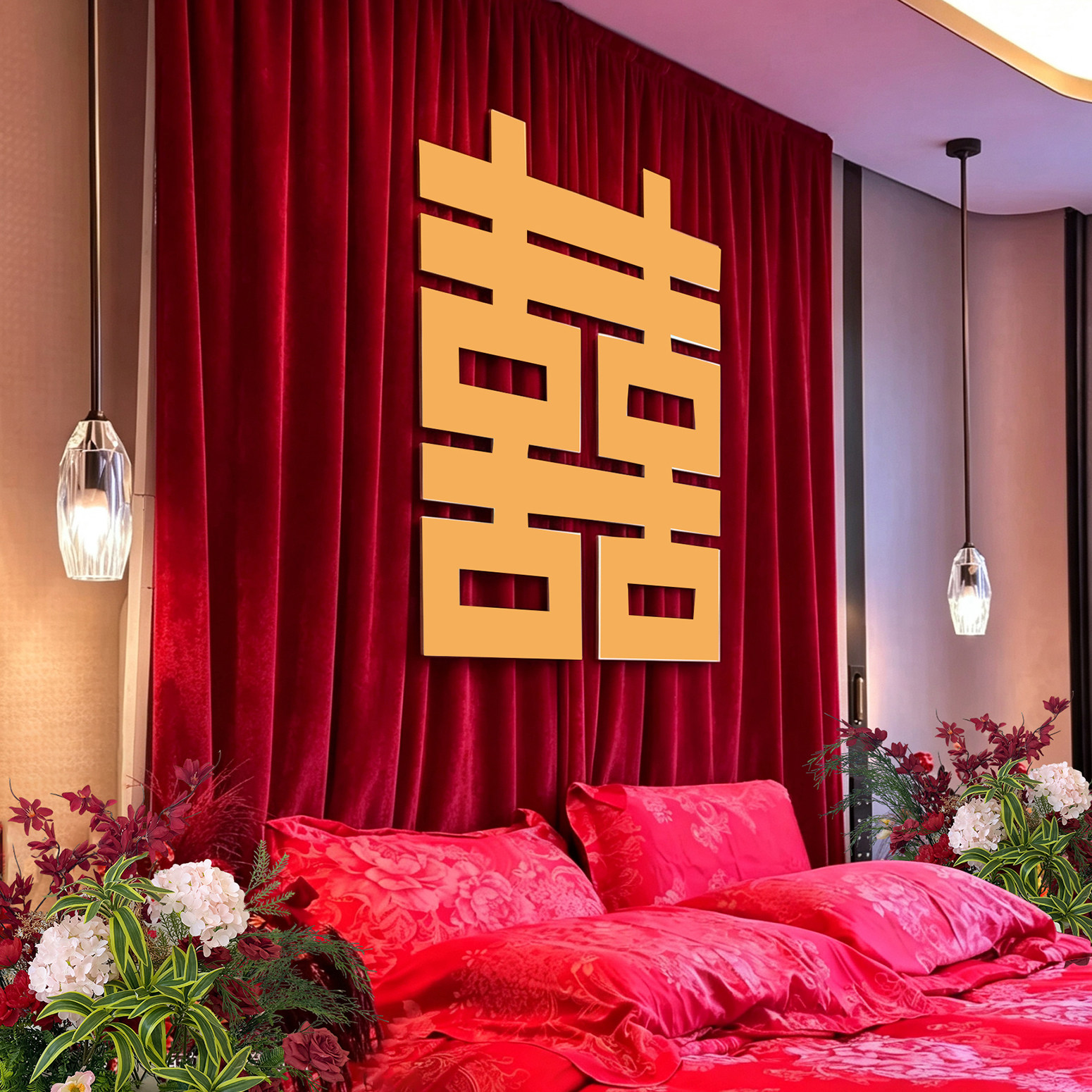 婚房布置高级感中式布幔龙凤喜字花艺婚礼卧室男女方结婚床头背景