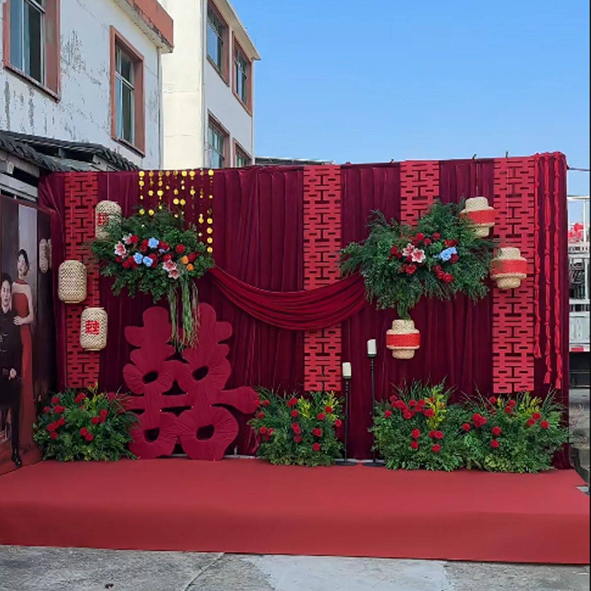 婚庆金丝绒布幔加厚酒红色布料农村结婚背景装饰户外婚礼舞台布置