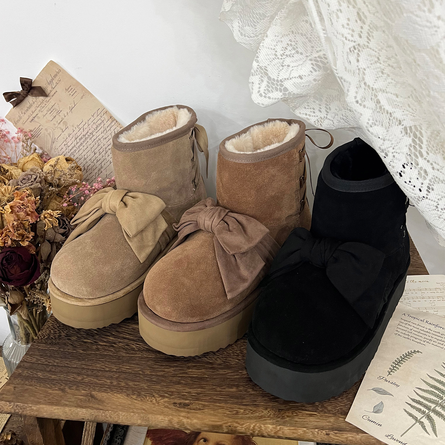 现货丨绒绒暖冬丨lolita鞋圆头蝴蝶结皮面加绒生活防水雪地靴
