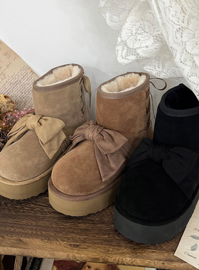现货丨绒绒暖冬丨lolita鞋圆头蝴蝶结皮面加绒生活防水雪地靴