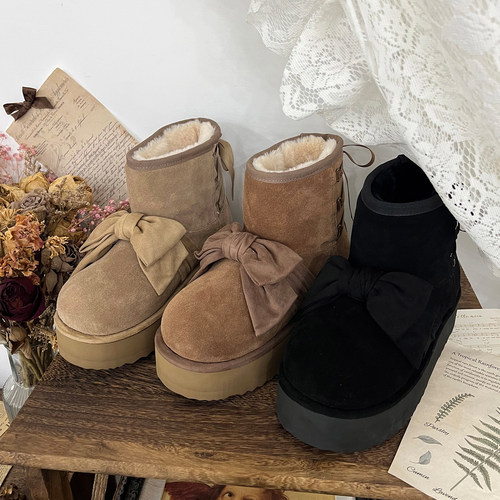 现货丨绒绒暖冬丨lolita鞋圆头蝴蝶结皮面加绒生活防水雪地靴