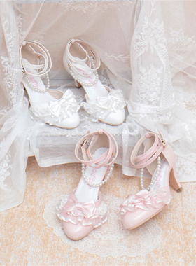 现货丨夏时风丨lolita鞋优雅裙摆边蕾丝中跟凉鞋