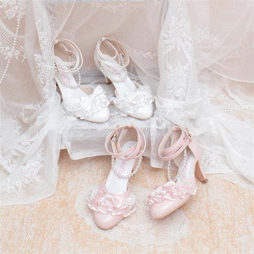 【现货】夏时风丨lolita鞋优雅裙摆边蕾丝中跟凉鞋