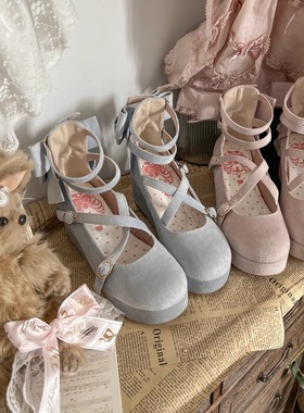 现货丨丝绒松糕丨lolita鞋坡跟松糕绒面可爱古早尖圆头蝴蝶结