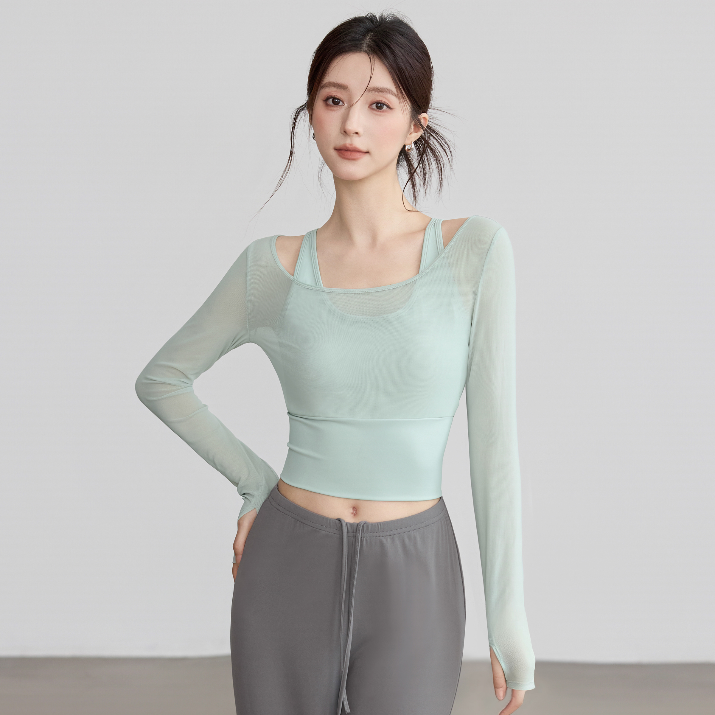 VOJ瑜伽服秋季运动上衣罩衫显瘦紧身长袖带胸垫跑步训练健身套装