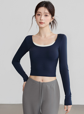 VOJ瑜伽服裸感带胸垫长袖美背显瘦防震健身上衣普拉提训练健身服