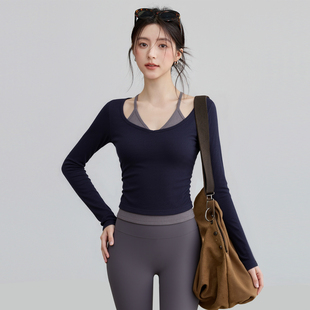 VOJ瑜伽服女假两件吊带弹力V领紧身长袖 跑步运动上衣普拉提健身服