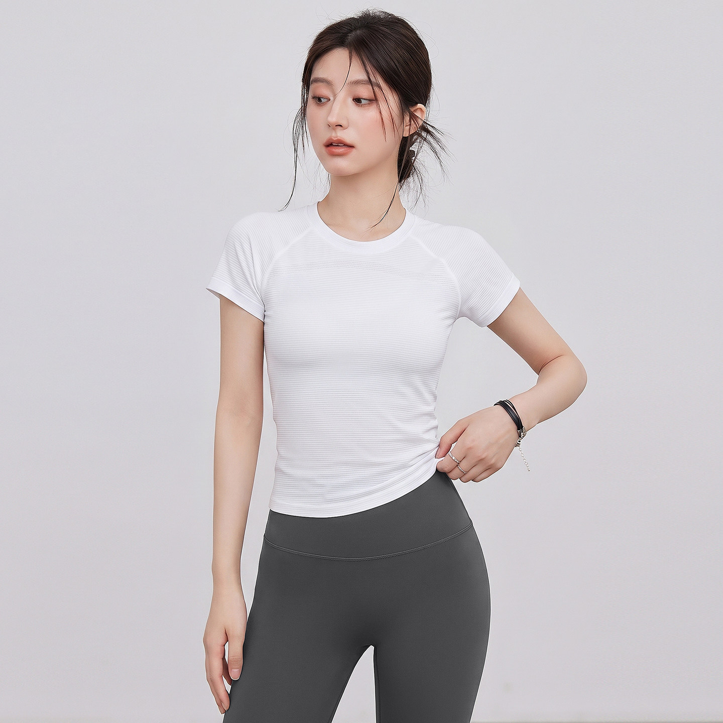 VOJ夏季速干运动短袖T恤女跑步健身普拉提训练薄款白色瑜伽服上衣
