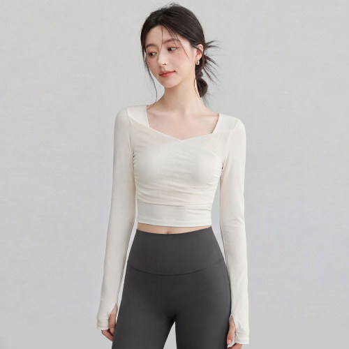 带胸垫瑜伽服上衣女网纱运动长袖