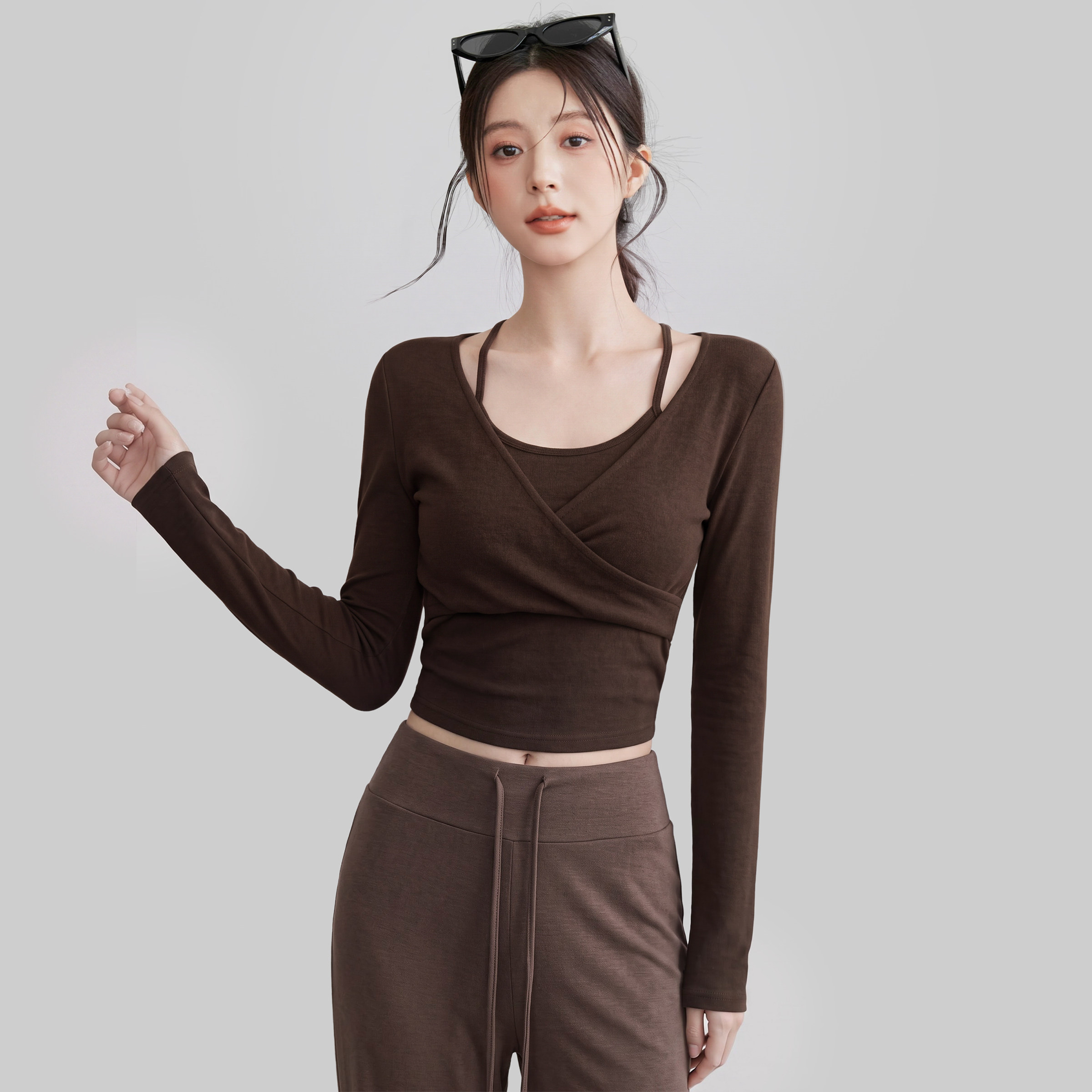 VOJ假两件瑜伽服上衣女秋冬季健身普拉提训练带胸垫长袖运动套装