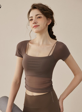 VOJ瑜伽服女2026新款假两件网纱一体训练服夏季运动速干健身上衣