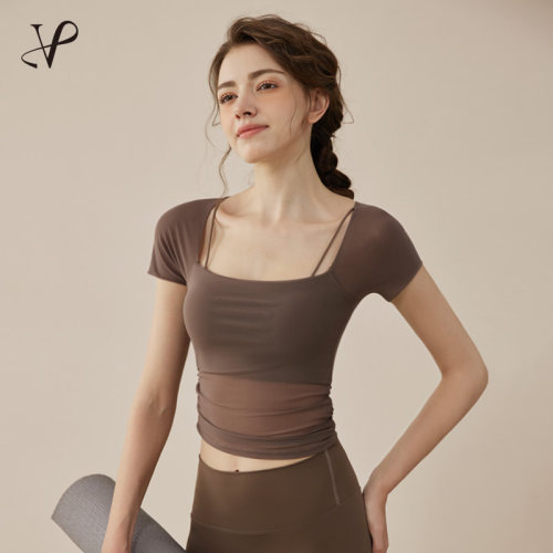 瑜伽服假两件网纱一体训练服健身