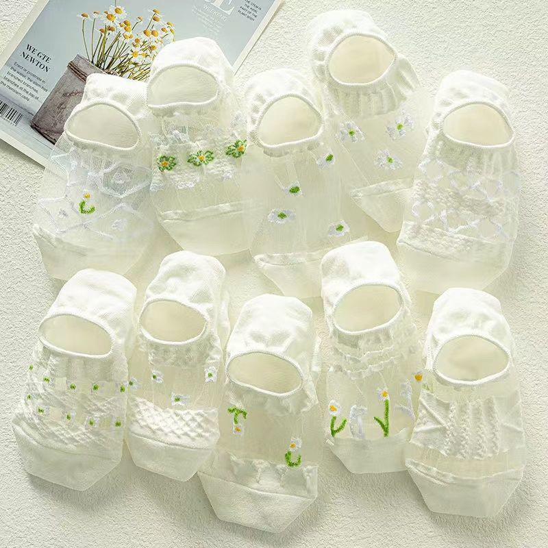 超仙夏天袜子女超薄花边镂空水晶玻璃丝透气冰丝短袜白菊花ins潮