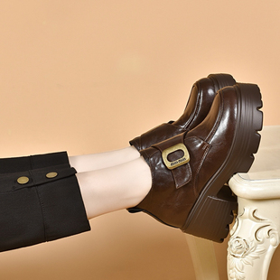 魔术贴高跟百搭单鞋 女鞋 女圆头粗跟小皮鞋 厚底乐福鞋 YJ7019 时尚