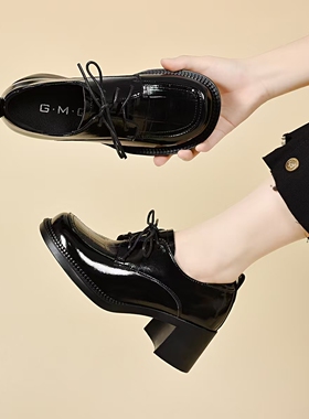 新款女鞋粗跟圆头系带女鞋浅口单鞋配裙子GMQ7073