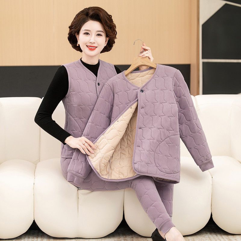 奶奶冬装保暖内衣三件套装妈妈德绒棉衣家居服中老年人贴身马甲女