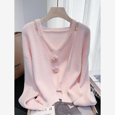 粉色针织开衫女早秋韩系穿搭上衣巨好看明媚毛衣外套吊带两件套装
