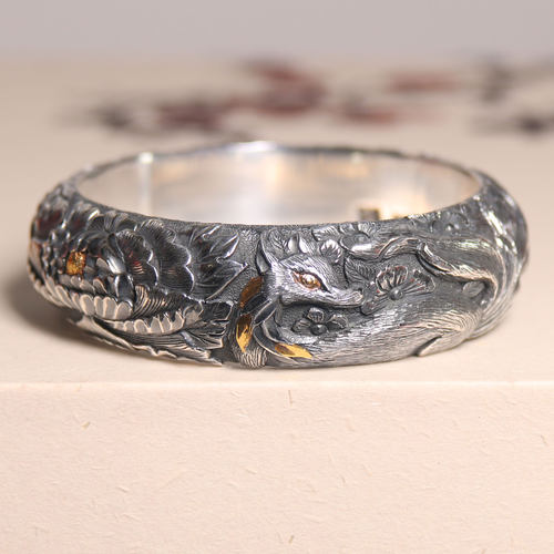 九尾灵狐金银错工艺足银手镯