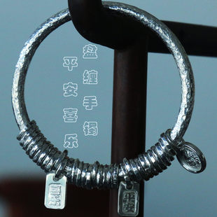 纯手工999足银镯子银黄财神盘缠纯银手镯实心新中式吉言礼物招财