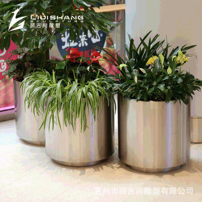 家居办公圆柱形不锈钢花盆室外园林花坛景观落地式不锈钢花盆花器