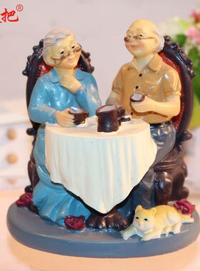 金婚婚庆装饰老头老太品茶树脂工艺品 送父母闺蜜礼物家居摆件