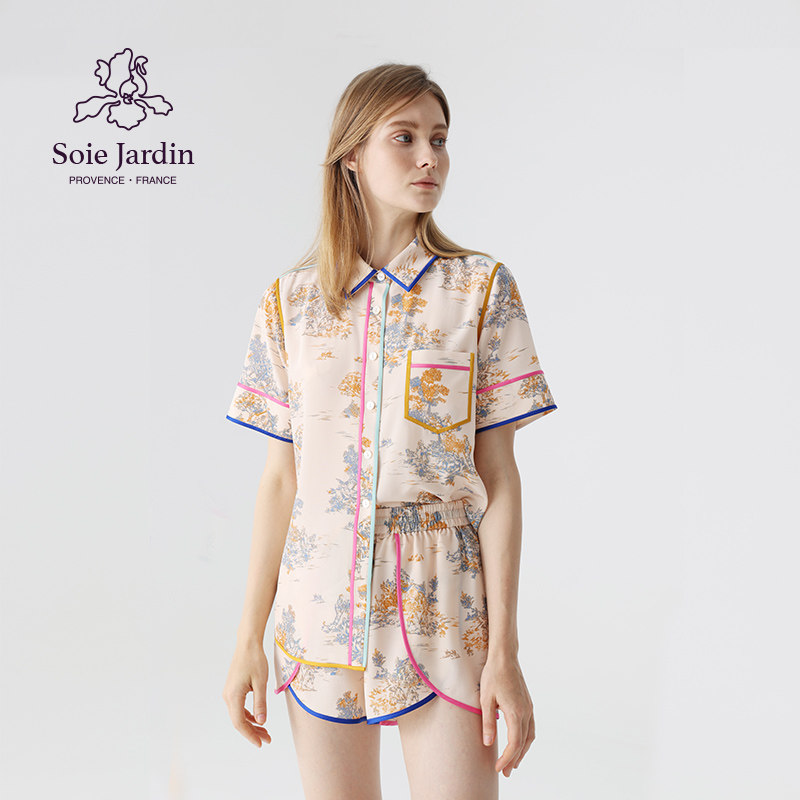 soie jardin 3#长相思真丝双绉印花短袖家居服撞色镶边三件套