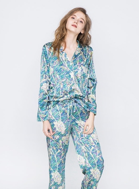 soie jardin 3#梵高印花女士真丝睡衣家居服长袖长裤短裤三件套装