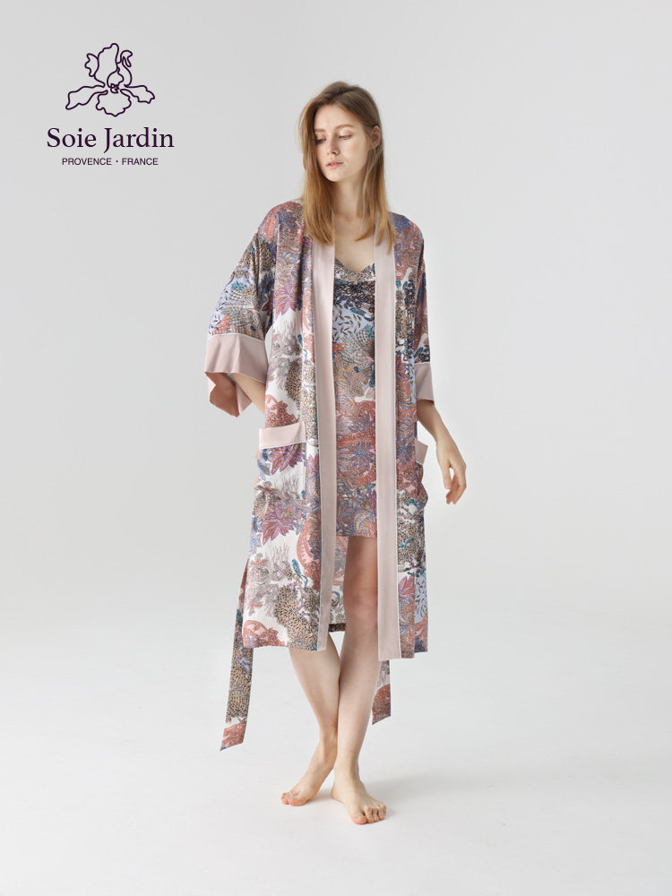 soie jardin 3#宁芙原创印花真丝睡袍女长款桑蚕丝家居服丝绸晨袍