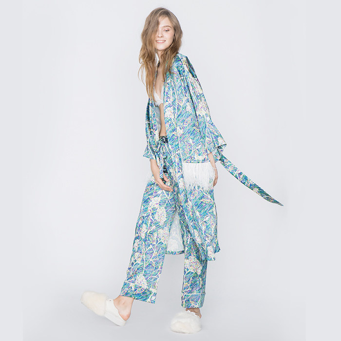 soie jardin 3#梵高 桑蚕丝印花拼鸵鸟毛长睡袍 真丝家居浴袍晨袍