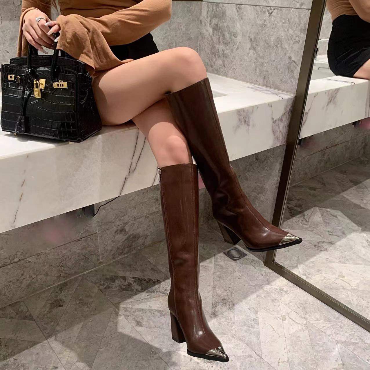 百搭及膝靴粗跟百搭时尚