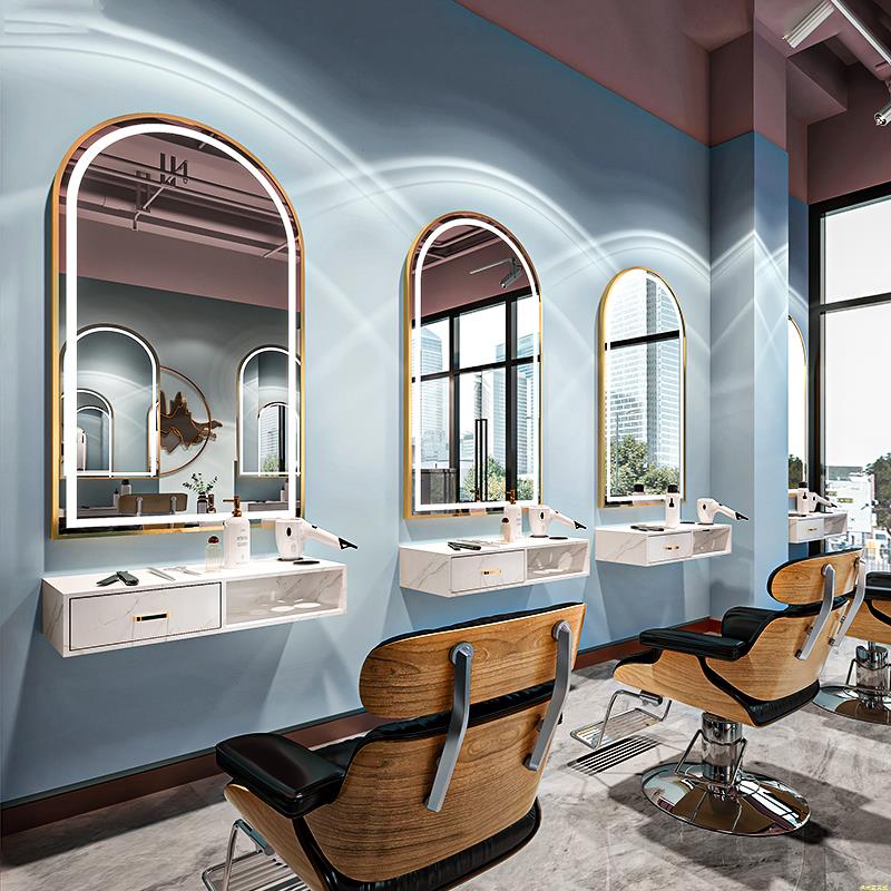 网红理发店镜台美容美发镜子带灯LED镜潮款发廊专用壁挂式剪发镜