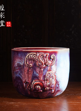 任英歌柴烧山河手工虎福画缸