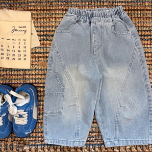 海屿蓝~男童牛仔裤春秋款儿童裤子春季复古高街潮牌宽松直筒长裤