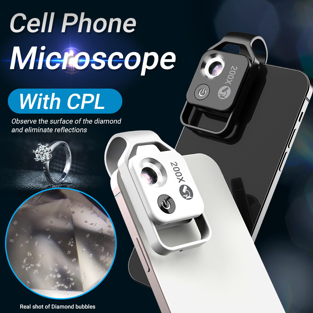 200X Cell Phone Microscope Accessory With CPL Lens LED Light