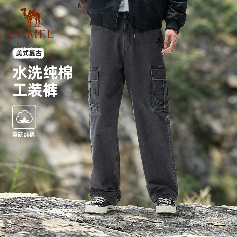 骆驼户外黑色工装裤子男士2026秋季新款纯棉直筒宽松休闲运动长裤