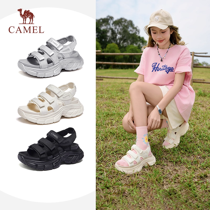 骆驼女鞋2025夏季厚底沙滩鞋时尚休闲软底运动魔术贴外穿凉鞋