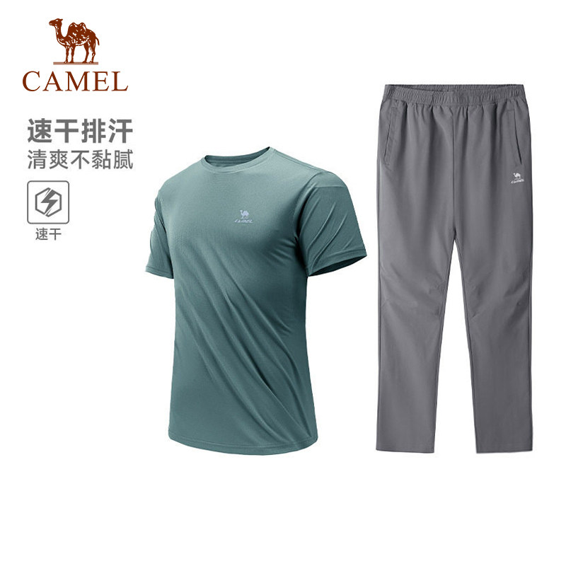 骆驼运动爸爸套装男女款夏季速干短袖跑步健身户外长裤休闲两件套