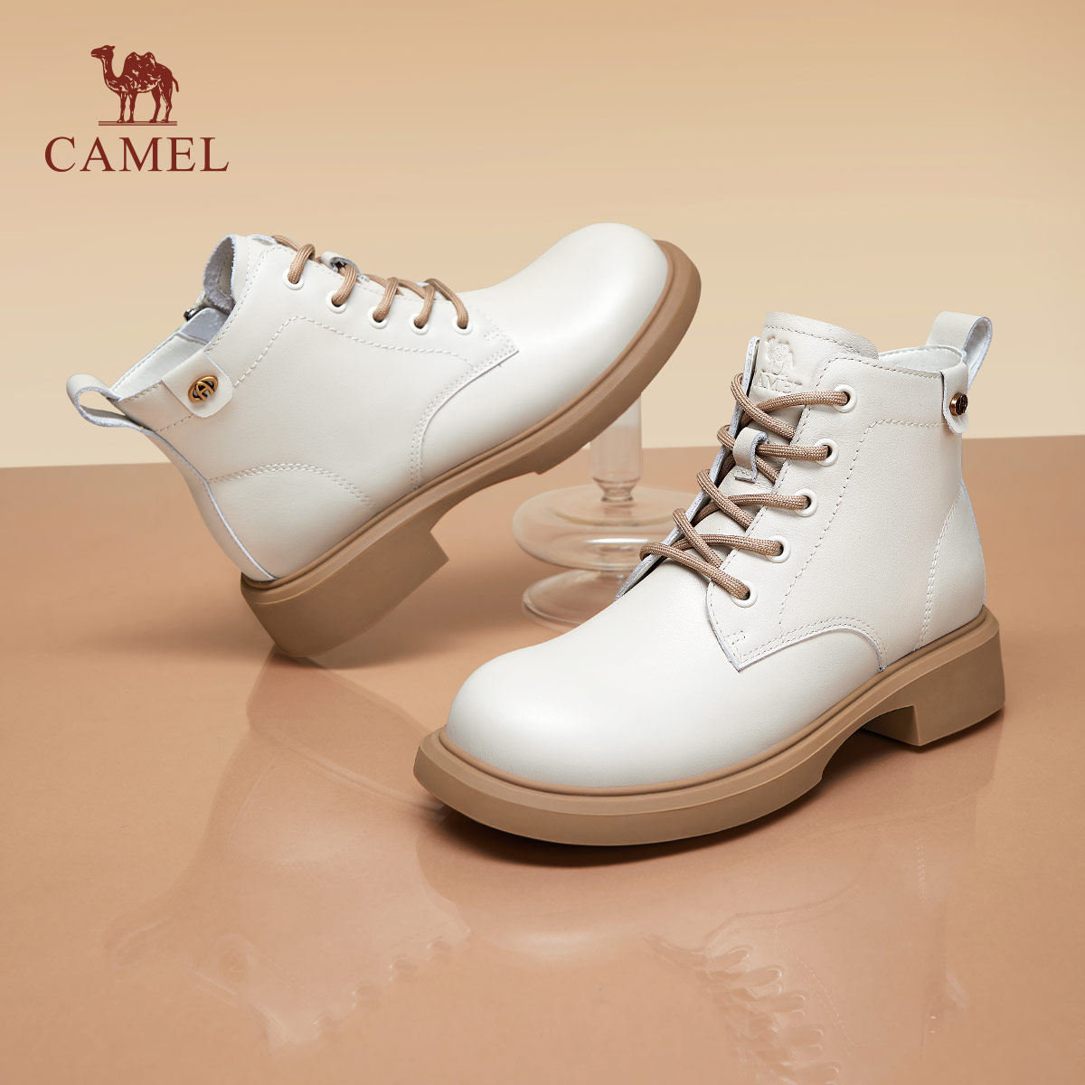 骆驼女鞋秋冬英伦风粗跟时装靴通勤百搭骆驼马丁靴女厚底