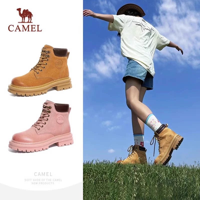 骆驼马丁靴女鞋春夏短筒靴子女厚底增高大黄靴登山鞋