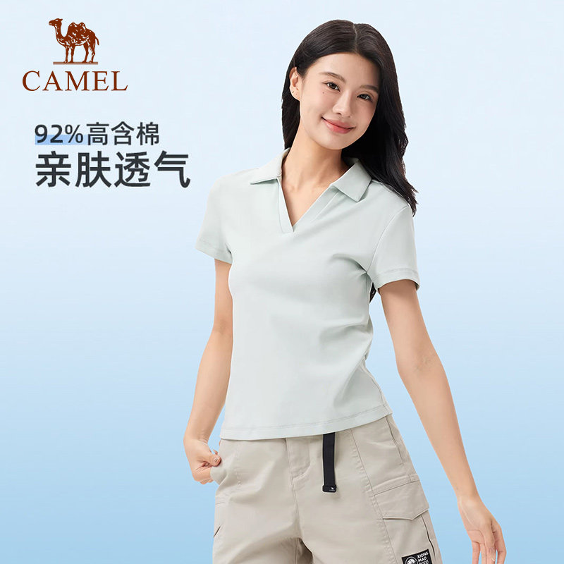 骆驼短袖T恤女士户外2026春夏新款显瘦透气v领polo衫纯色运动上衣