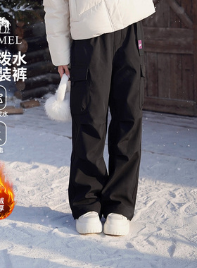 骆驼山海加绒工装裤女装2025秋冬黑色加厚保暖软壳登山冲锋裤