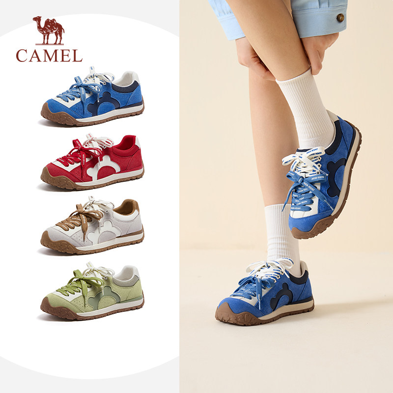 骆驼熊猫女鞋2026春休闲板鞋时尚百搭蓝色德训鞋舒适运动鞋阿甘鞋