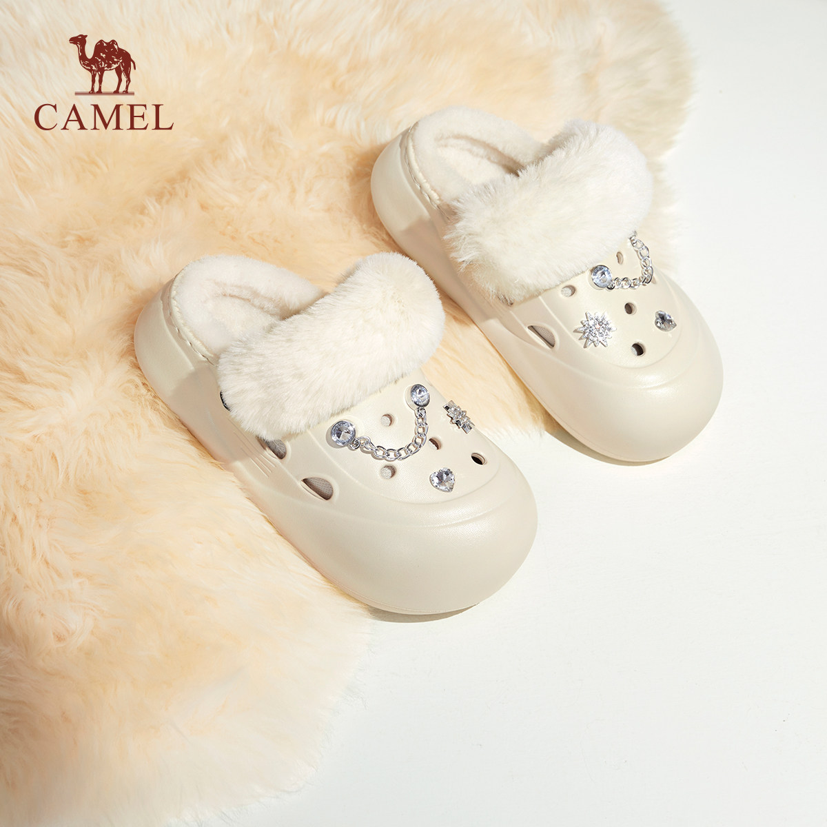 骆驼女鞋秋冬厚底毛毛鞋保暖棉鞋加绒洞洞鞋时尚雪地靴女